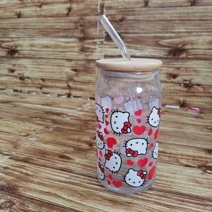 Hello Kitty Red Heart Glass Tumbler Cup Glass Straw Valentine's Day Sanrio NWOT